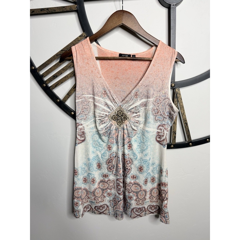 APT 9 Beaded Pleated Paisley Tunic Top Peach Blue White Sleeveless V-Neck M